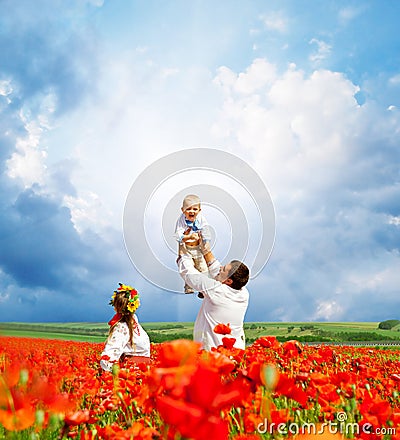 Happy ukrainian family on the field Stock Photo