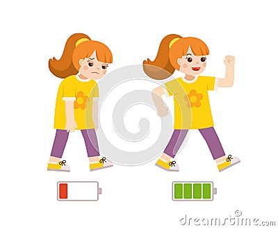 Happy and unhappy girl. Energetic and tired or exhausted girl and life energy. Vector Illustration