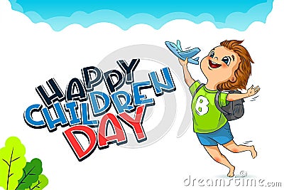 Happy Universal Children Day holiday. Lettering. The cute little boy launches a toy plane. Vector Vector Illustration