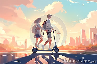 Happy urban modern vehicle active sunny street ride lifestyle leisure electricity bike scooter Stock Photo