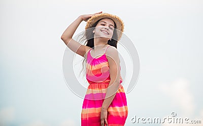 Happy vacation. Happy childhood. Enjoying relax. Child happy small girl. Free and carefree. Good vibes. Happy Stock Photo