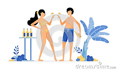 Happy vacation illustration of lovers toast a glass of beer, enjoying holidays and having a small party by beach. Vector design Vector Illustration