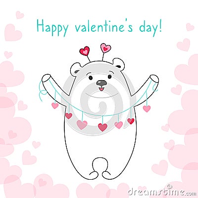 Happy valentine card polar bear garland heart Vector Illustration