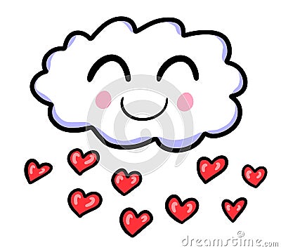 Happy Valentine Cloud With Raining Hearts Cartoon Illustration