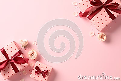 Happy Valentine day banner with gits boxes and roses on pink background. Stock Photo