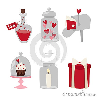 Happy valentine day flat design love wedding items and heart love romance celebration vector illustration. Vector Illustration