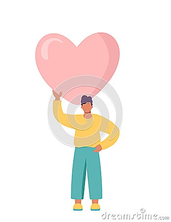 Happy Valentine Day Surprise. Man holding Huge Heart Present. Loving Person, Character go to Dating, Seniors Love Vector Illustration