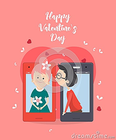 Happy Valentine Day vector illustration with kiss. Selfie of young couple in love. Pink template. Phone dating Vector Illustration