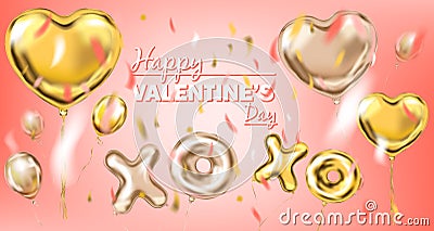 Happy Valentine and Pink Gold Foil Heart Shape Balloon, golden kiss and hug symbol Vector Illustration