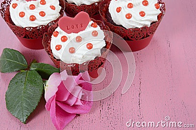 Happy Valentine red velvet cupcakes Stock Photo