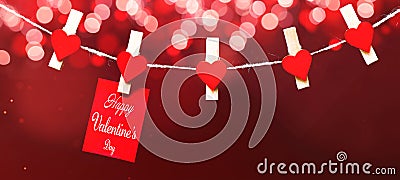 Happy Valentine`s Day background banner panorama - Red paper note hang on wooden clothes pegs with wooden heart and bokeh lights Stock Photo