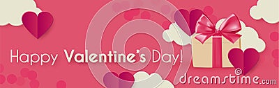 Happy Valentine s day background with gift box, hearts and clouds. Cute papercut design Vector Illustration