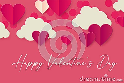 Happy Valentine s day background with hearts and clouds. Cute papercut design Vector Illustration