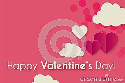 Happy Valentine s day background with hearts and clouds. Cute papercut design Vector Illustration