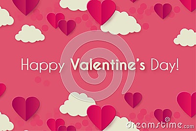 Happy Valentine s day background with hearts and clouds. Cute papercut design Vector Illustration