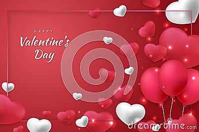 Happy valentine's day background hearts, ballon, and element with red and white color Vector Illustration