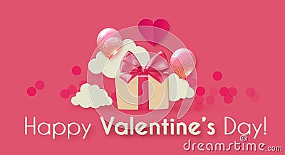 Happy Valentine s day background with hearts, gifts balloons and clouds. Cute papercut design Vector Illustration