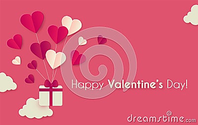 Happy Valentine s day background with hearts, gifts and clouds. Cute papercut design Vector Illustration