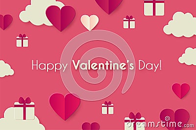 Happy Valentine s day background with hearts, gifts and clouds. Cute papercut design Vector Illustration