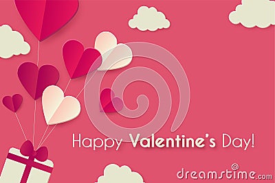 Happy Valentine s day background with hearts, gifts and clouds. Cute papercut design Vector Illustration