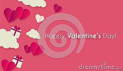 Happy Valentine s day background with hearts, gifts and clouds. Cute papercut design Vector Illustration