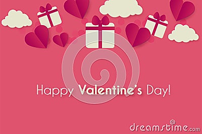 Happy Valentine s day background with hearts, gifts and clouds. Cute papercut design Stock Photo