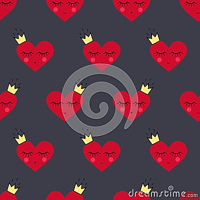 Happy Valentine's Day background. Seamless pattern with smiling sleeping hearts for Valentine's Day. Vector Illustration