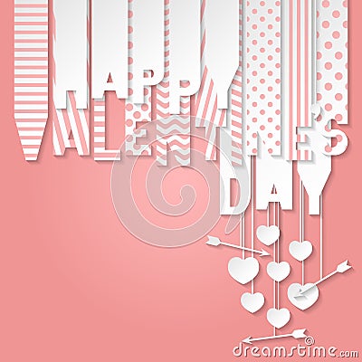 Happy Valentine`s Day banner with letters cut out of white paper. Banner with valentines symbols: hearts and arrows. Vector Illustration