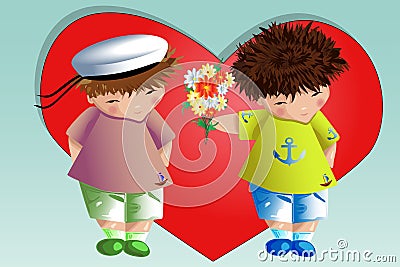 Happy valentine's day. The boy gives boy bouquet on background of the heart. Declaration of love, a proposal to marry, the concep Stock Photo