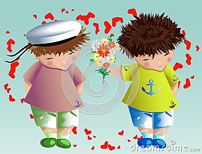 Happy valentine's day. The boy gives boy bouquet on background of the heart. Declaration of love, a proposal to marry, the concep Stock Photo