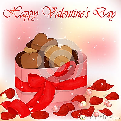 Happy Valentine`s Day card with box of cookies, pearls and rose petals. Background for valentine`s day. Greeting card in Vector Illustration