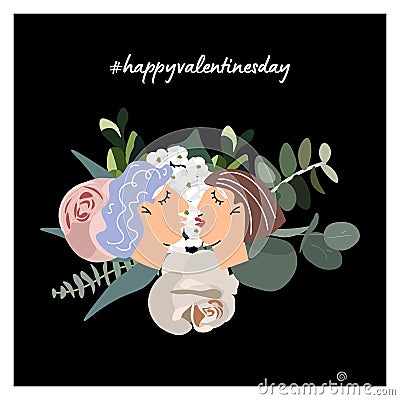 Happy Valentine`s Day card with flowers Cartoon Illustration