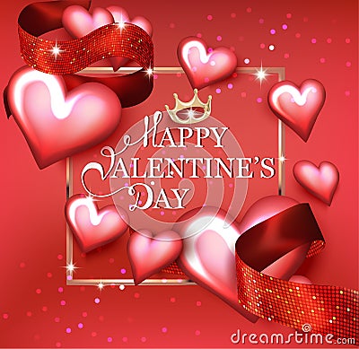 Happy Valentine`s Day card with hearts, ribbons and golden frame. Vector Illustration