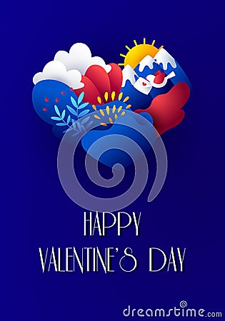 Happy Valentine`s Day card in paper style with plants, bird, envelope, mountains, clouds, sun and heart. Vector illustration Vector Illustration