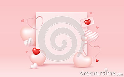 Happy Valentine`s day, with colorful balloons heart collections, white paper space banner design on pink background Vector Illustration