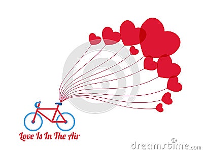 Happy valentine`s day concept of love. Bicycle with heart shape balloons and word ` Love is in the air`. Vector Illustration
