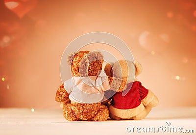 Happy Valentine`s Day Creative greeting card. Teddy Bears, love, hugging, date. Stock Photo