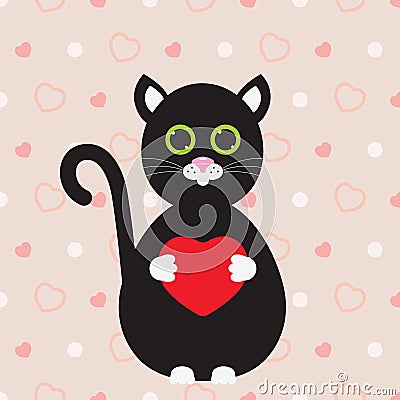 Happy Valentine`s Day. Cute and loving cat with a heart in paws. Vector Illustration