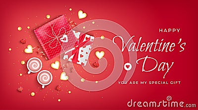 Happy Valentine`s Day Flyer, Horizontal Web Banner Background with lollipops, gift boxes, heart shaped cookies, coffee cups Vector Illustration