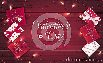 Happy Valentine`s Day greeting background. Top view on gift boxes in different packaging, confetti in the form of heart, garlands Vector Illustration