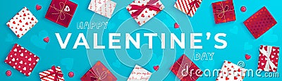 Happy Valentine`s Day greeting banner. Top view on gift boxes in different packaging, candy in the form of heart. Vector Vector Illustration