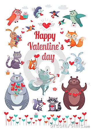 Happy Valentine s Day. Greeting Card with Animals Vector Illustration