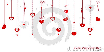 Happy Valentine's Day greeting card with border design hanging hearts vector background Vector Illustration
