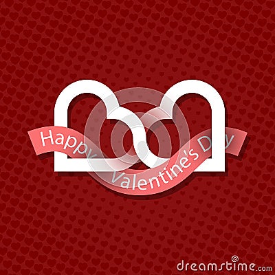 Happy Valentine`s Day greeting card design. Two connected hearts logo with ribbon on red background with hearts Vector Illustration