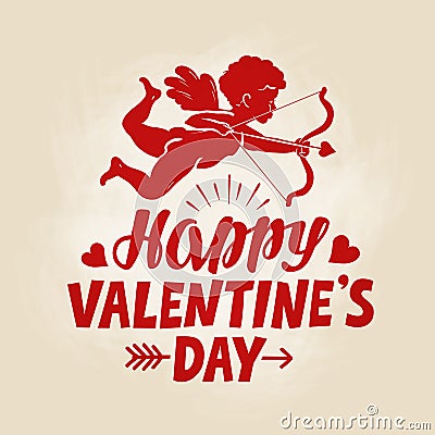 Happy Valentine`s Day, greeting card. Flying angel, cherub or cupid with bow and arrow. Vintage vector illustration Vector Illustration