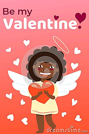 Happy Valentine s Day greeting card. Holiday congratulations. Baby girl cupid angel with wings. Pink and red gradient background. Vector Illustration