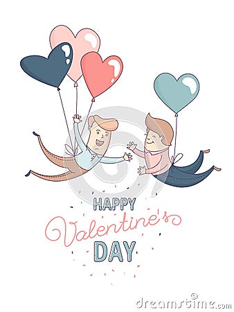 Happy Valentine`s Day greeting card homosexual male couple heart balloons Vector Illustration