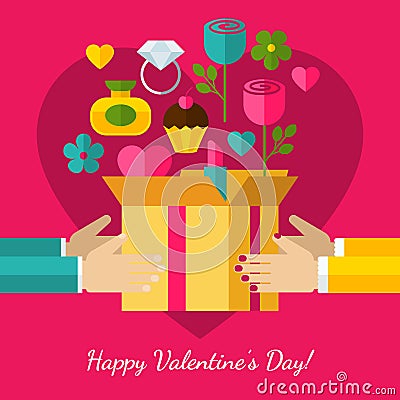 Happy Valentine`s Day greeting card. Set of flat design concept Vector Illustration