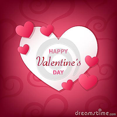 Happy Valentine`s Day greeting card with white and pink hearts. Vector Illustration