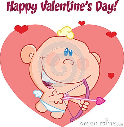 Happy Valentine's Day Greeting With Cute Baby Cupid Flying With Bow And Arrow Vector Illustration